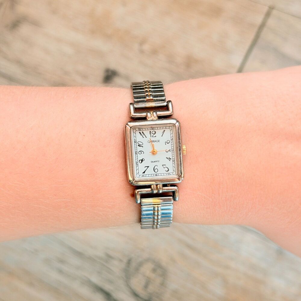 Carriage Silver Tone Rectangular Women’s Quartz Watch Petite Stretch Band